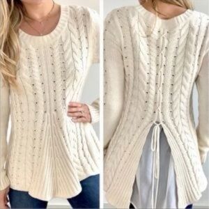 Cabi Chunky Cream Cable Knit Sweater Lace Up Mesh Back Size Large